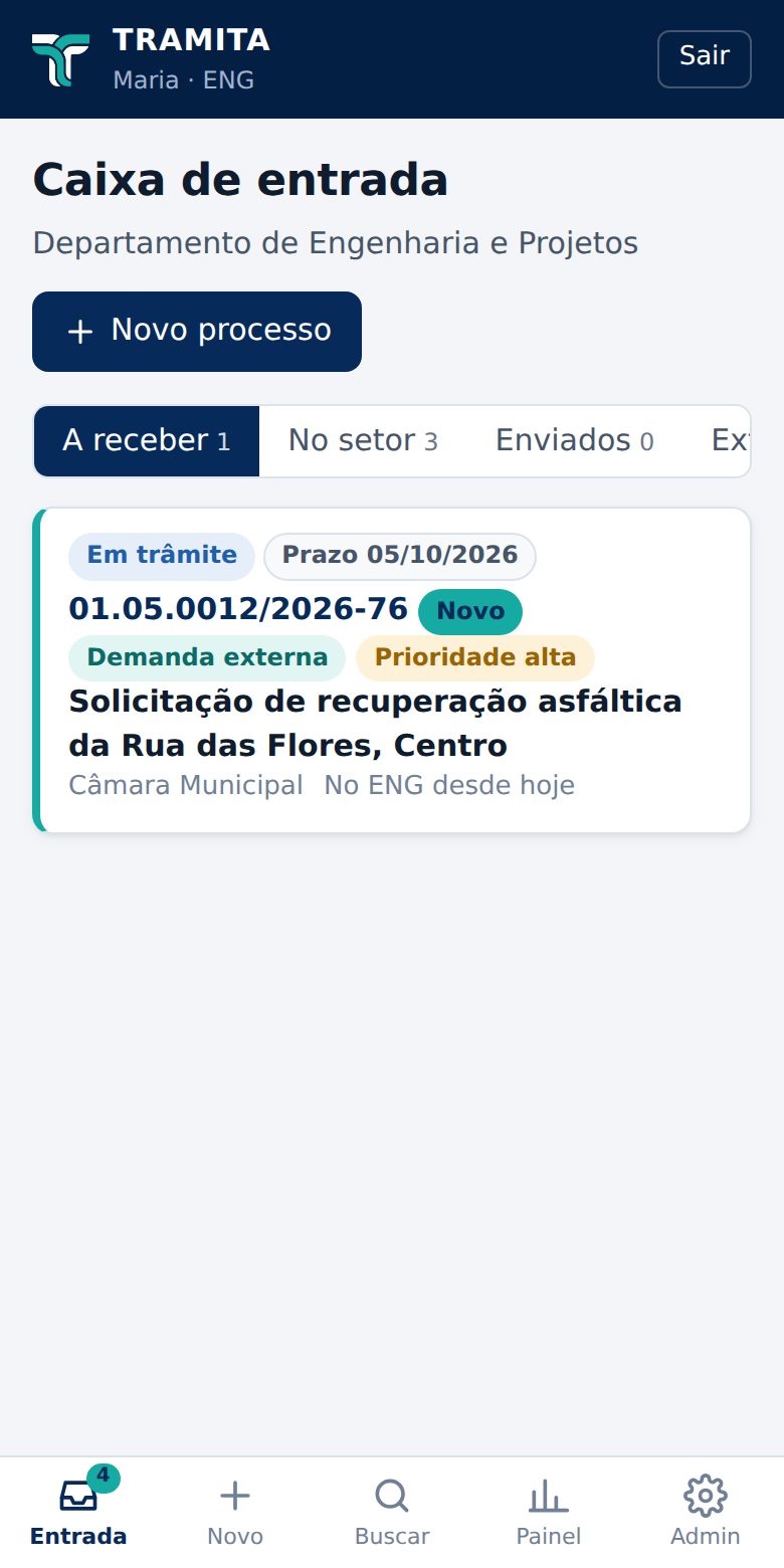 Caixa de entrada do Tramita no celular